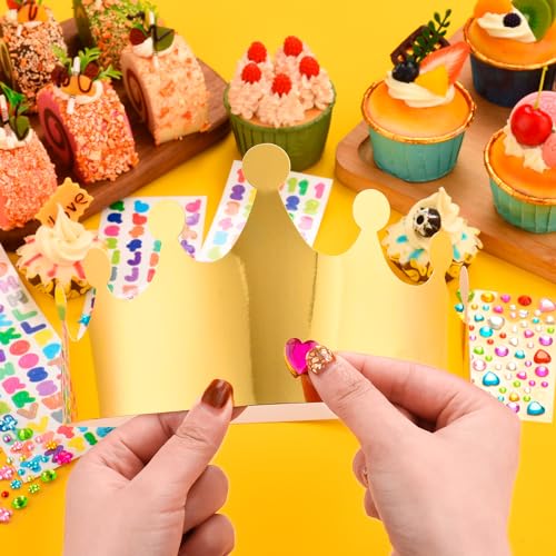 20-Pack Gold Paper Crowns for DIY Decorating with Stickers – Adjustable Birthday Crowns for Kids