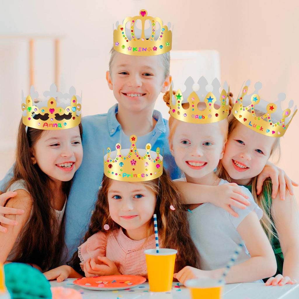 20-Pack Gold Paper Crowns for DIY Decorating with Stickers – Adjustable Birthday Crowns for Kids