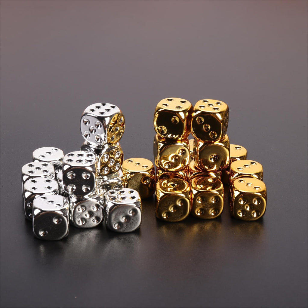 20-Piece 16mm Gold and Silver Plastic Dice Set – Rounded Corners for Tabletop Games, Teaching & Party Fun