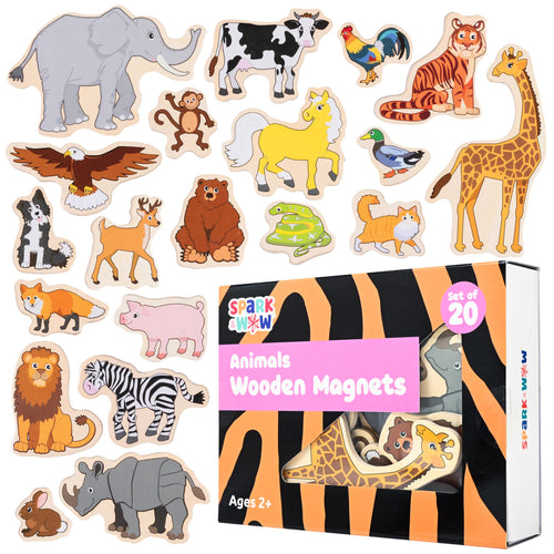 20-Piece Wooden Animal Magnets for Kids Ages 2+ – Chunky, Safe & Durable Play Magnets from SPARK & WOW