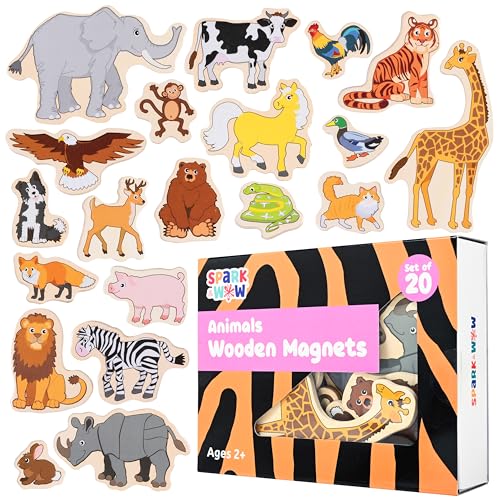 20-Piece Wooden Animal Magnets for Kids Ages 2+ – Chunky, Safe & Durable Play Magnets from SPARK & WOW