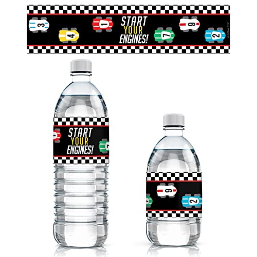 20 Waterproof Race Car Water Bottle Labels – 8x2 inch – Distinctivs Let's Go Racing Party Favors