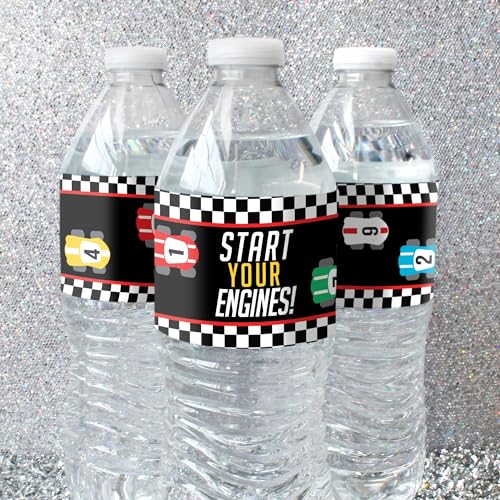 20 Waterproof Race Car Water Bottle Labels – 8x2 inch – Distinctivs Let's Go Racing Party Favors