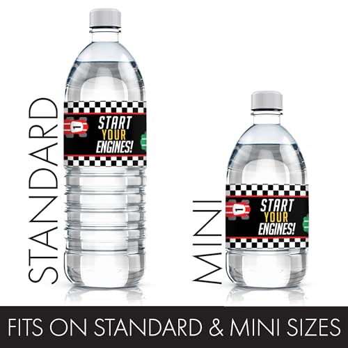 20 Waterproof Race Car Water Bottle Labels – 8x2 inch – Distinctivs Let's Go Racing Party Favors