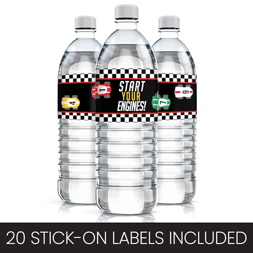 20 Waterproof Race Car Water Bottle Labels – 8x2 inch – Distinctivs Let's Go Racing Party Favors