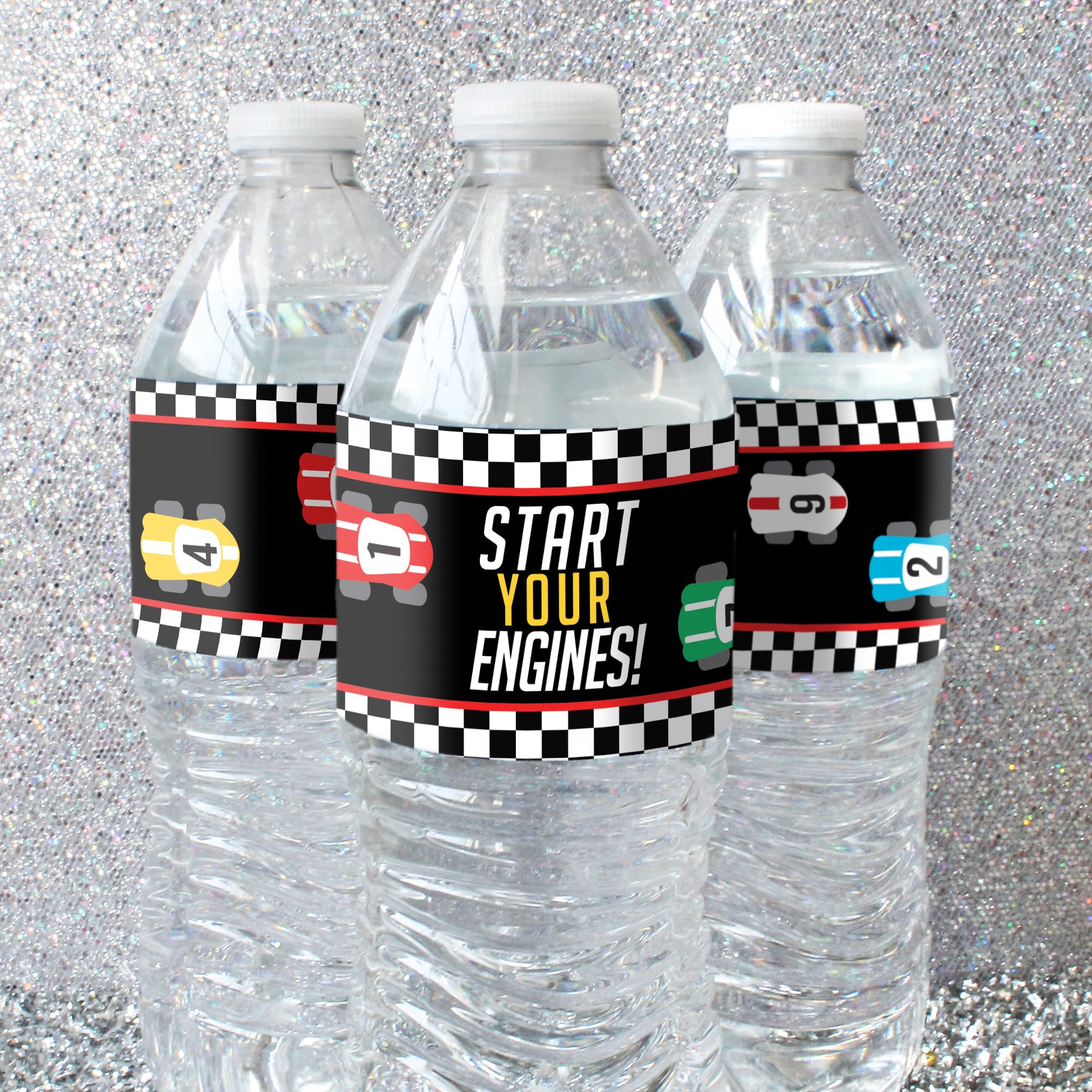 20 Waterproof Race Car Water Bottle Labels – 8x2 inch – Distinctivs Let's Go Racing Party Favors