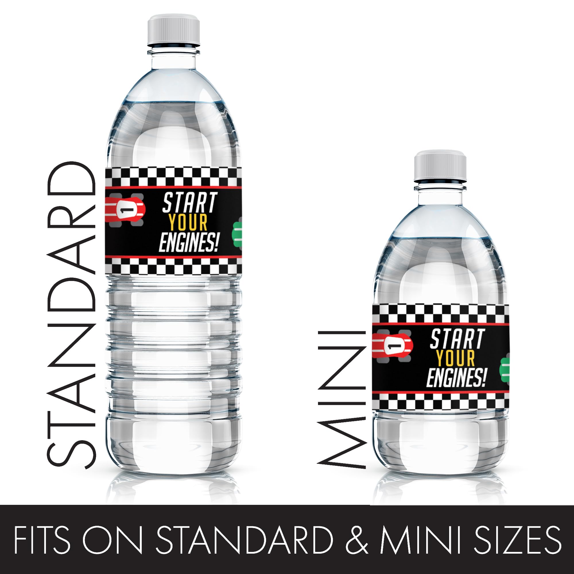 20 Waterproof Race Car Water Bottle Labels – 8x2 inch – Distinctivs Let's Go Racing Party Favors