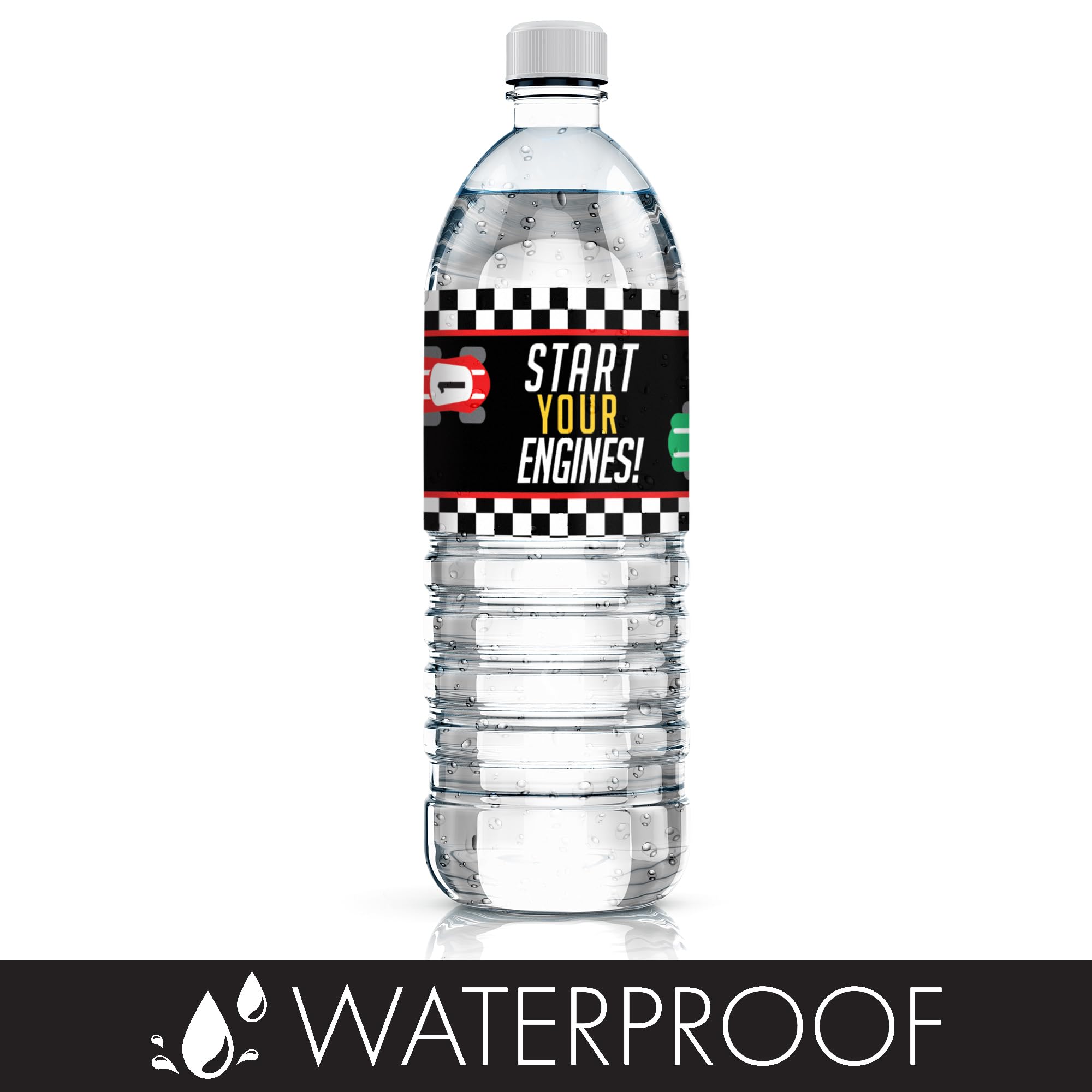 20 Waterproof Race Car Water Bottle Labels – 8x2 inch – Distinctivs Let's Go Racing Party Favors