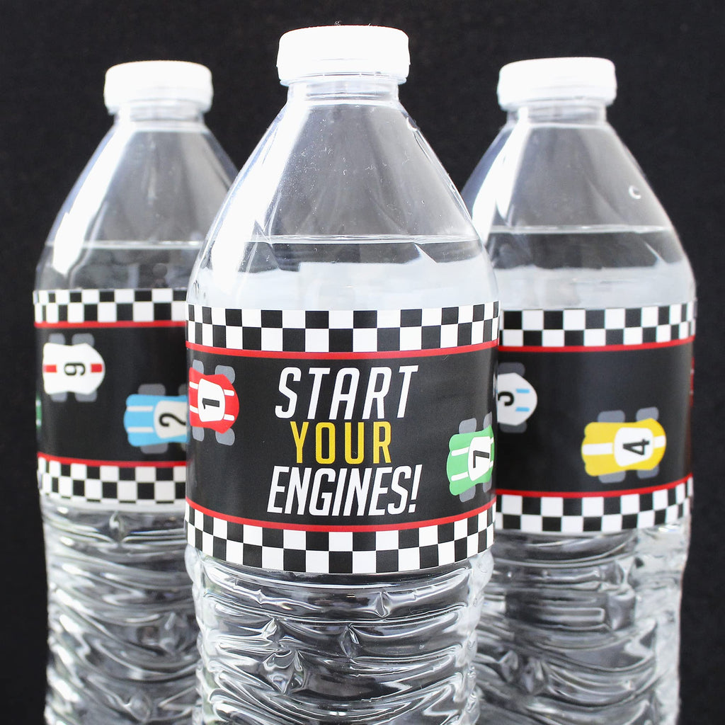 20 Waterproof Race Car Water Bottle Labels – 8x2 inch – Distinctivs Let's Go Racing Party Favors