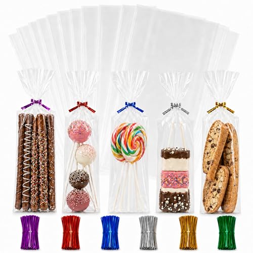 200 Clear OPP Cello Bags 4x9 Inches with 200 Twist Ties - 1.4 Mil Thick, Food Grade, BakeBaking