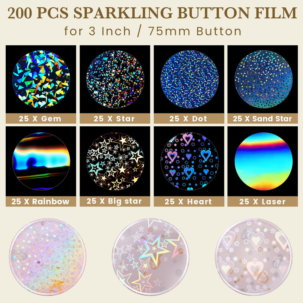 200 Holographic Badge Films 85mm – 8 Glitter Styles for 3 Inch Button Makers
