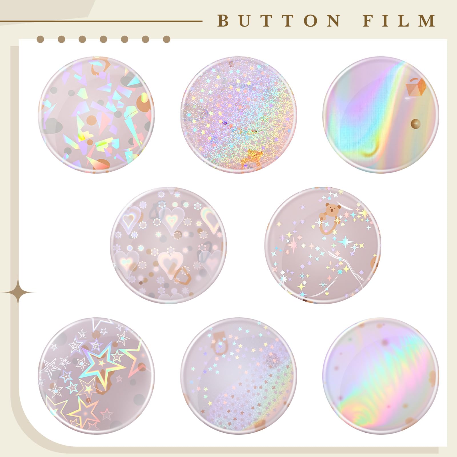 200 Holographic Glitter Badge Protective Films 45mm for 32mm Button Maker - 8 Patterns by Humyoun