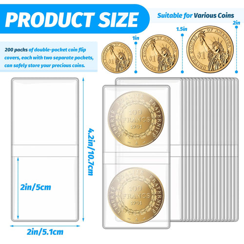 200 Pack Double Pocket Coin Flips - 2x2 Clear Plastic Sleeves for Coins, Jewelry & Gemstones