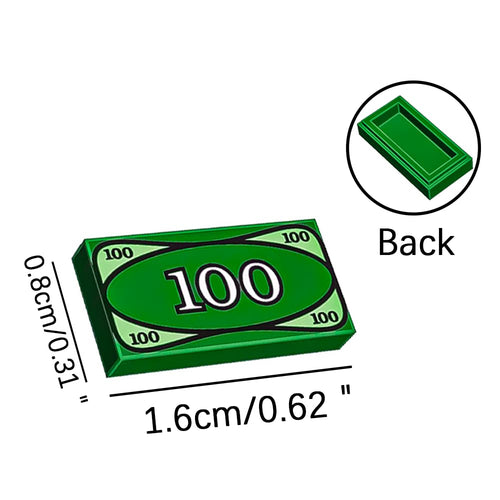 200 Pcs Green Money Tile Accessories - 100 Dollar Bill Print for Building Blocks