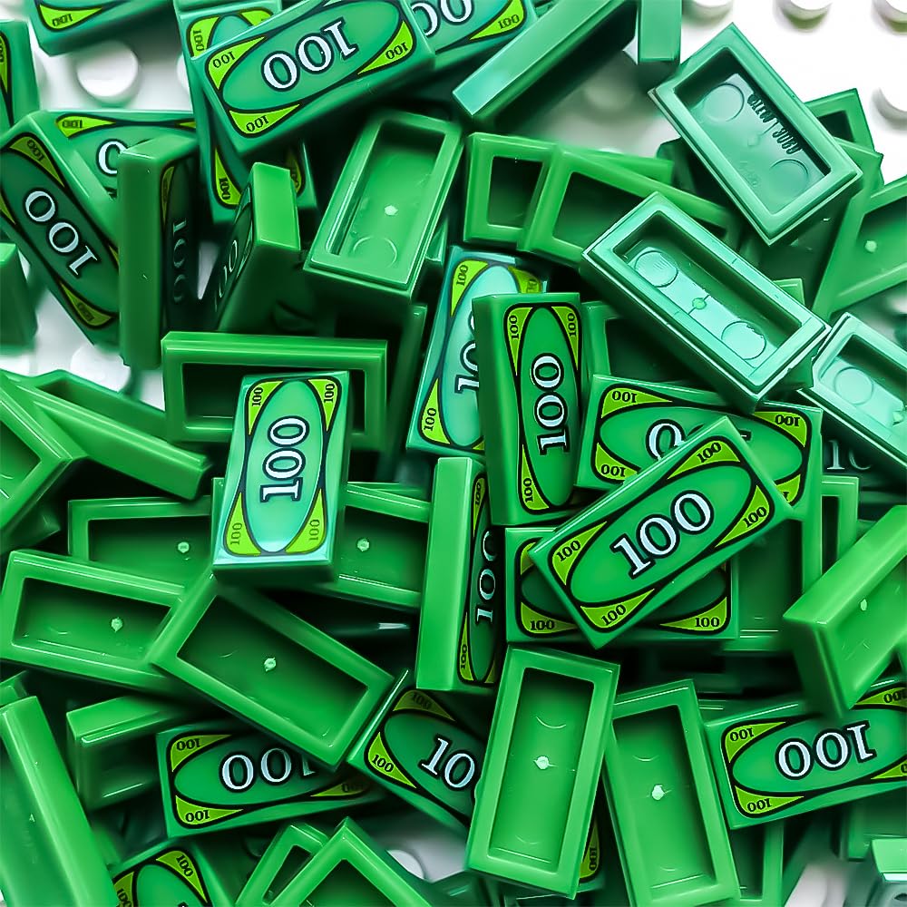 200 Pcs Green Money Tile Accessories - 100 Dollar Bill Print for Building Blocks