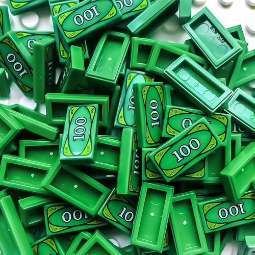 200 Pcs Green Money Tile Accessories - 100 Dollar Bill Print for Building Blocks