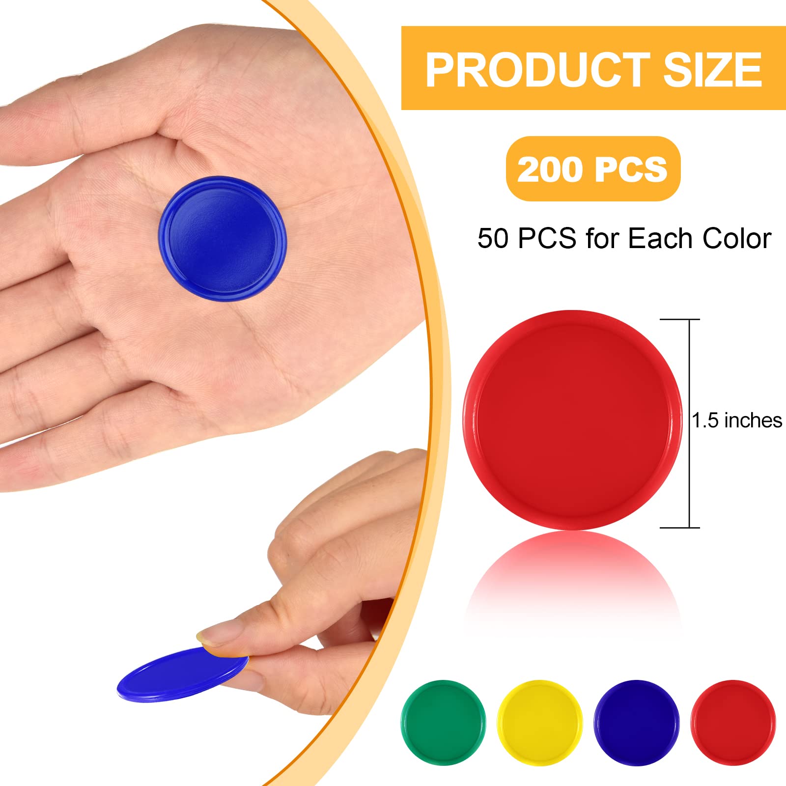 200-Piece Coopay Plastic Poker Chips – 1.5" Counters for Math, Bingo, and Games (Red, Green, Blue, Yellow)