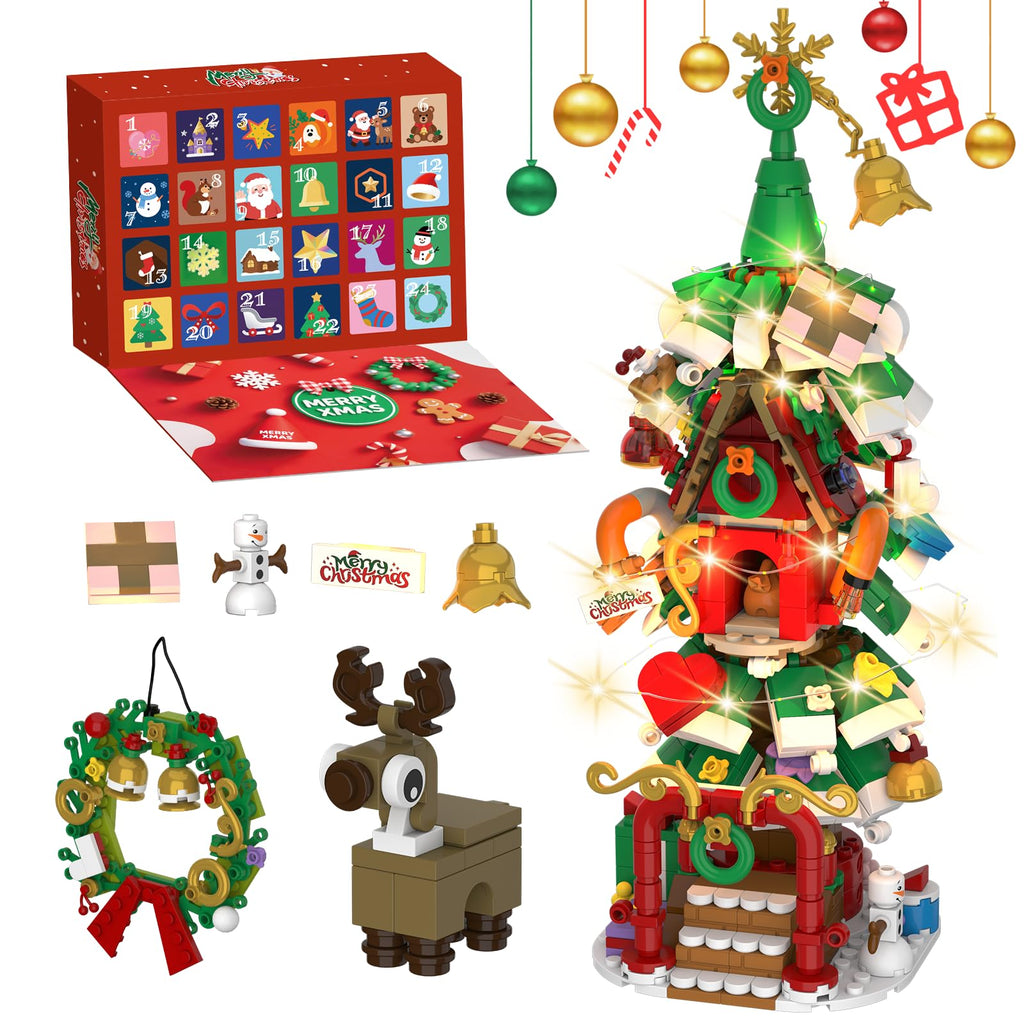 2025 Advent Calendar Christmas Tree House Building Set with LED Lights – 820-Piece Countdown Kit for Teens & Adults
