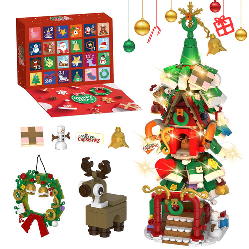 2025 Advent Calendar Christmas Tree House Building Set with LED Lights – 820-Piece Countdown Kit for Teens & Adults