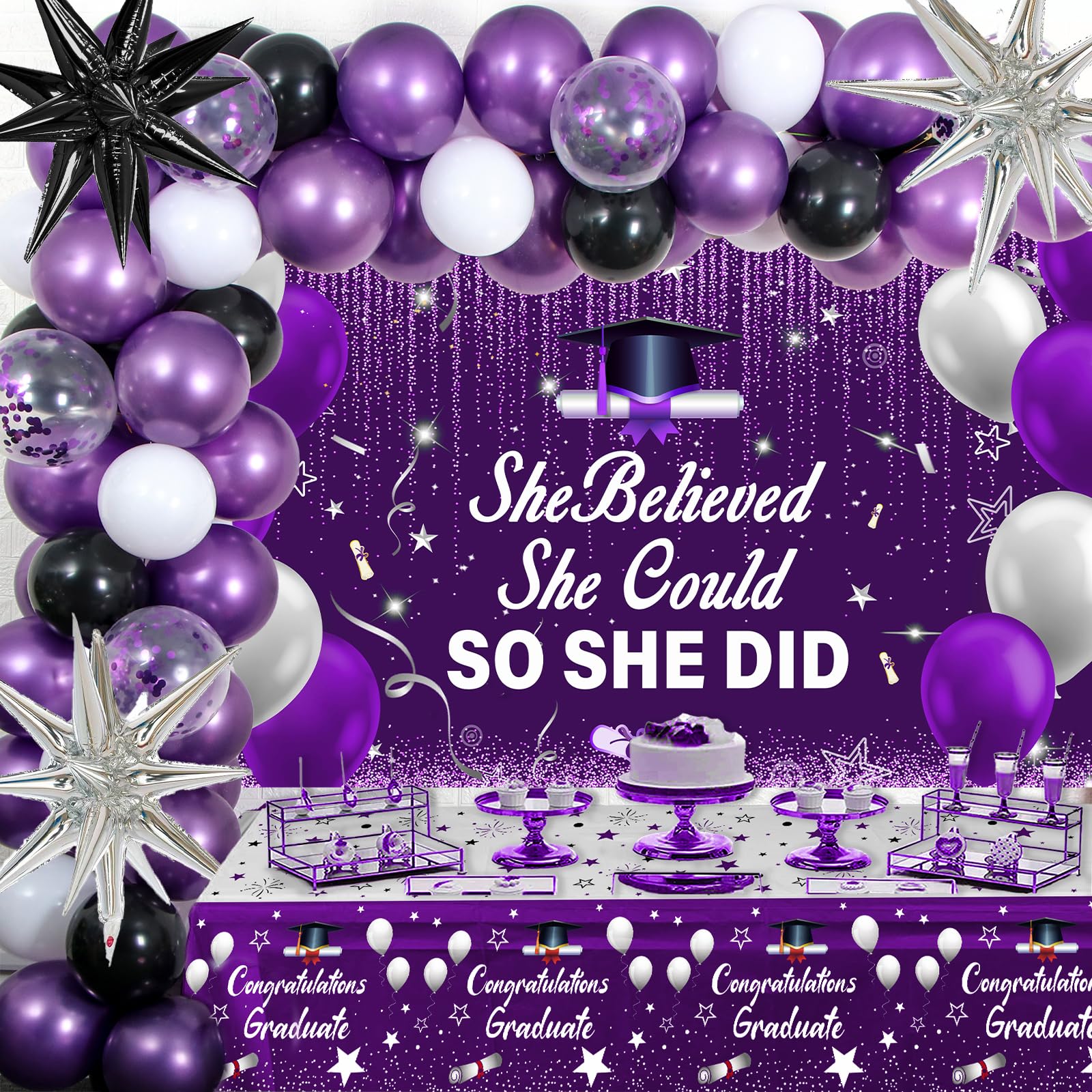 2026 Graduation Party Decorations Kit – Purple Black with She Believed She Could So She Did Banner, Balloons, Tablecloth for Women Graduates