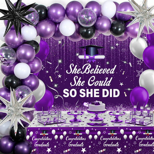 2026 Graduation Party Decorations Kit – Purple Black with She Believed She Could So She Did Banner, Balloons, Tablecloth for Women Graduates