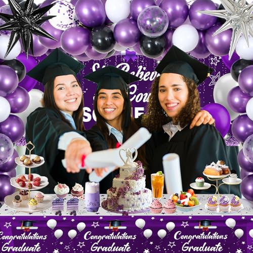 2026 Graduation Party Decorations Kit – Purple Black with She Believed She Could So She Did Banner, Balloons, Tablecloth for Women Graduates