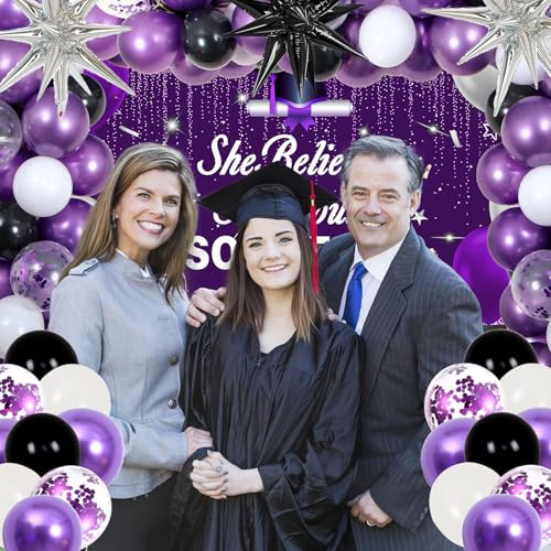 2026 Graduation Party Decorations Kit – Purple Black with She Believed She Could So She Did Banner, Balloons, Tablecloth for Women Graduates