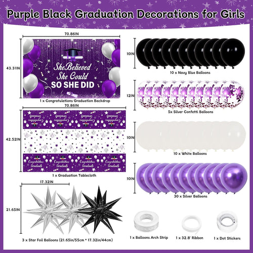 2026 Graduation Party Decorations Kit – Purple Black with She Believed She Could So She Did Banner, Balloons, Tablecloth for Women Graduates