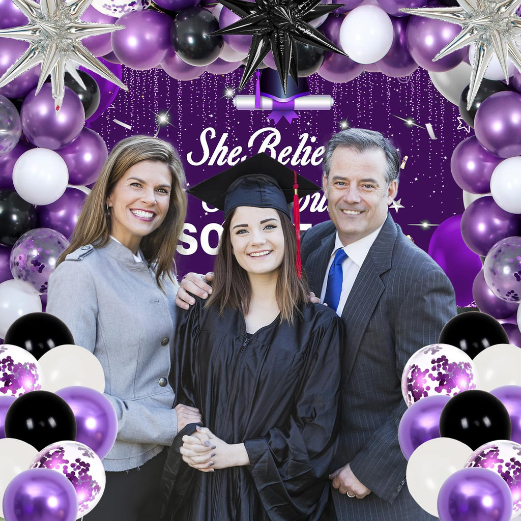 2026 Graduation Party Decorations Kit – Purple Black with She Believed She Could So She Did Banner, Balloons, Tablecloth for Women Graduates