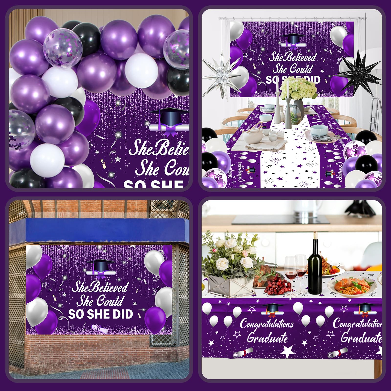 2026 Graduation Party Decorations Kit – Purple Black with She Believed She Could So She Did Banner, Balloons, Tablecloth for Women Graduates