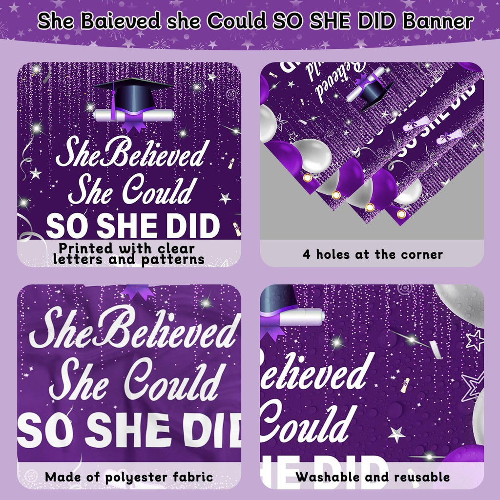 2026 Graduation Party Decorations Kit – Purple Black with She Believed She Could So She Did Banner, Balloons, Tablecloth for Women Graduates