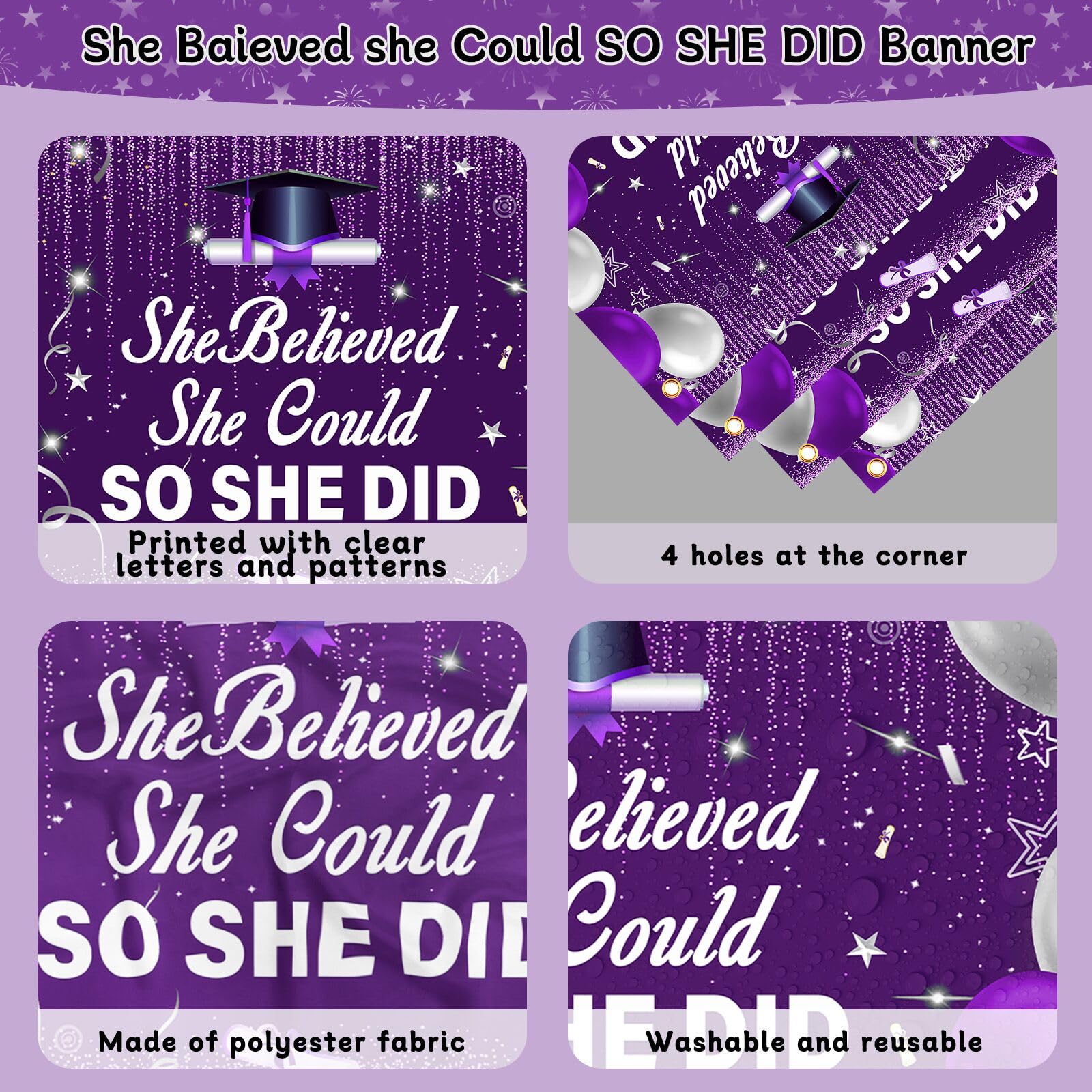 2026 Graduation Party Decorations Kit – Purple Black with She Believed She Could So She Did Banner, Balloons, Tablecloth for Women Graduates
