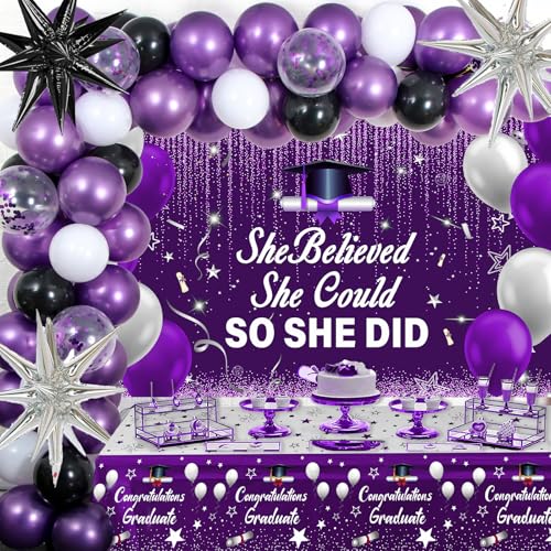 2026 Graduation Party Decorations Kit – Purple Black with She Believed She Could So She Did Banner, Balloons, Tablecloth for Women Graduates