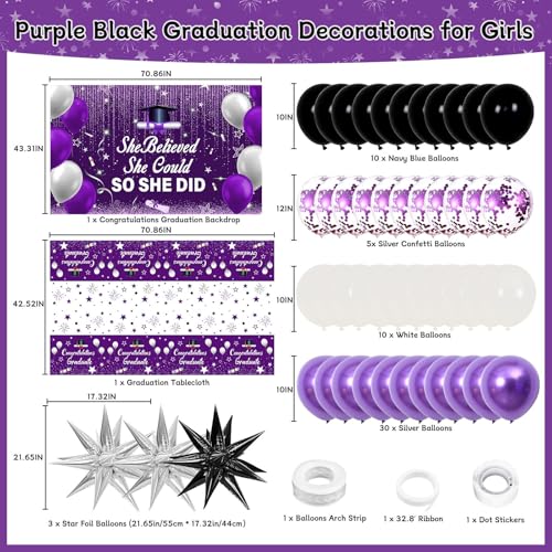 2026 Graduation Party Decorations Kit – Purple Black with She Believed She Could So She Did Banner, Balloons, Tablecloth for Women Graduates