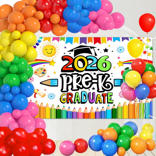 2026 Preschool Graduation Party Decor Kit - Backdrop, 180 Balloons, Banner & More for Pre-K Graduation