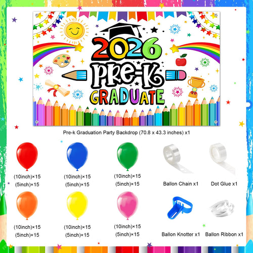 2026 Preschool Graduation Party Decor Kit - Backdrop, 180 Balloons, Banner & More for Pre-K Graduation