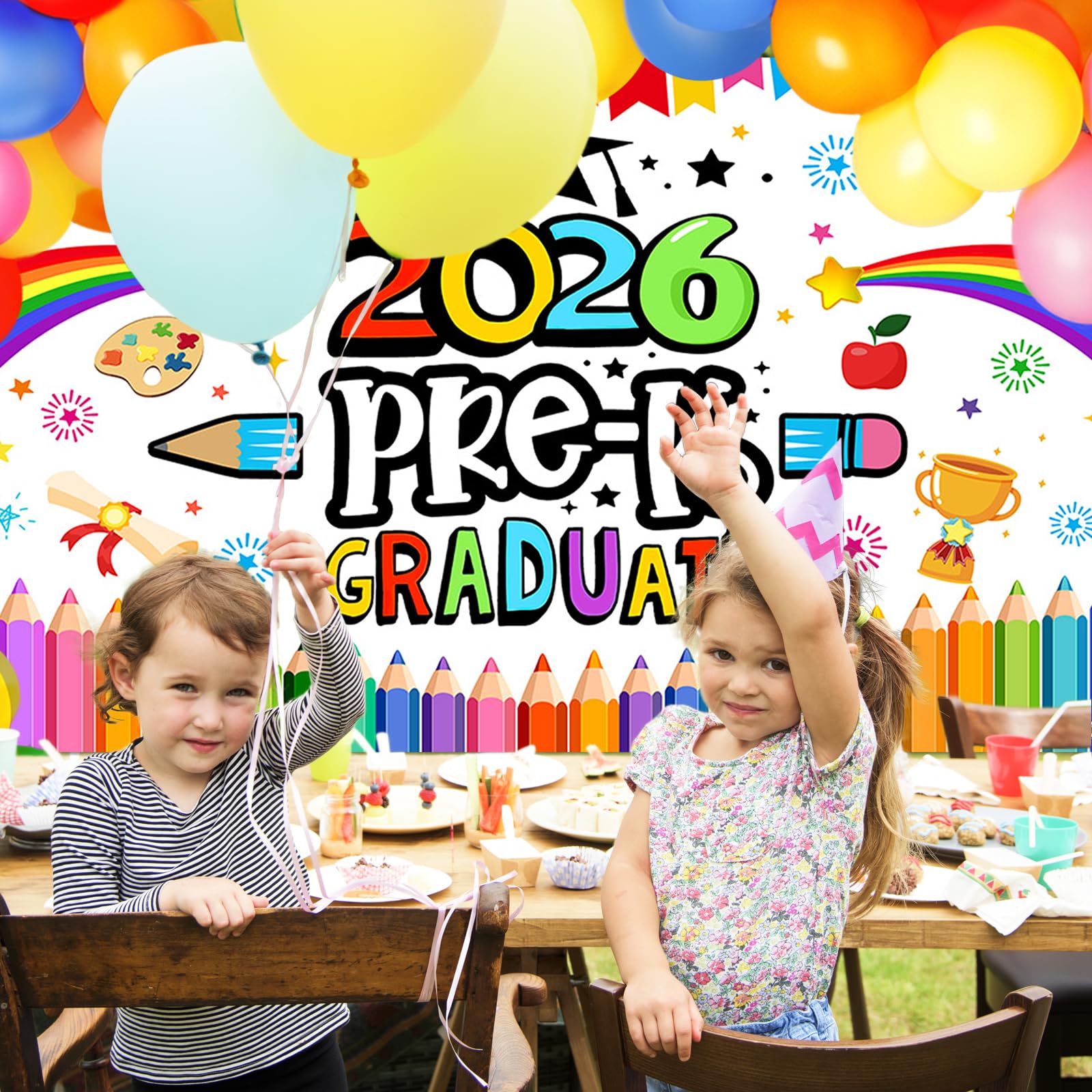 2026 Preschool Graduation Party Decor Kit - Backdrop, 180 Balloons, Banner & More for Pre-K Graduation