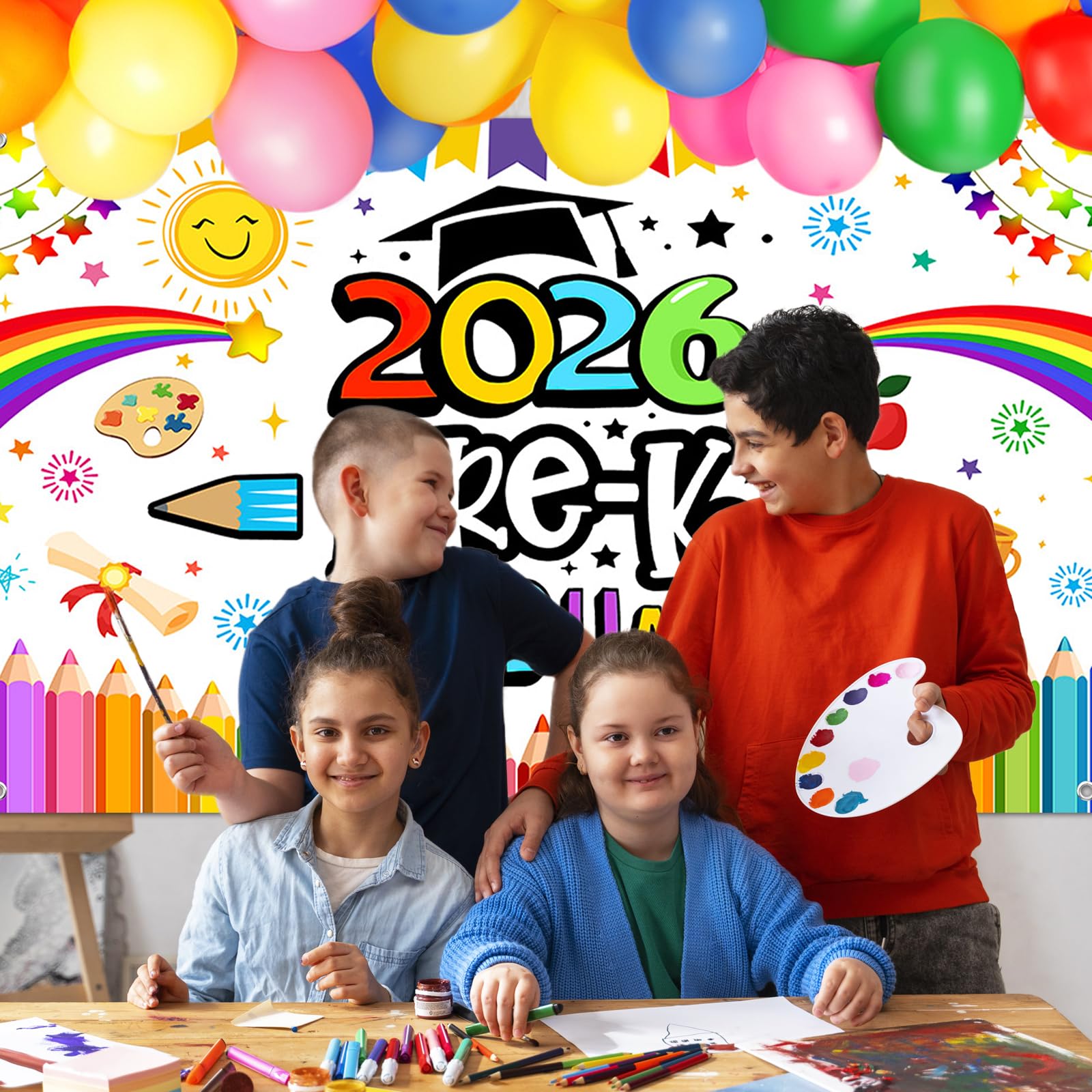 2026 Preschool Graduation Party Decor Kit - Backdrop, 180 Balloons, Banner & More for Pre-K Graduation