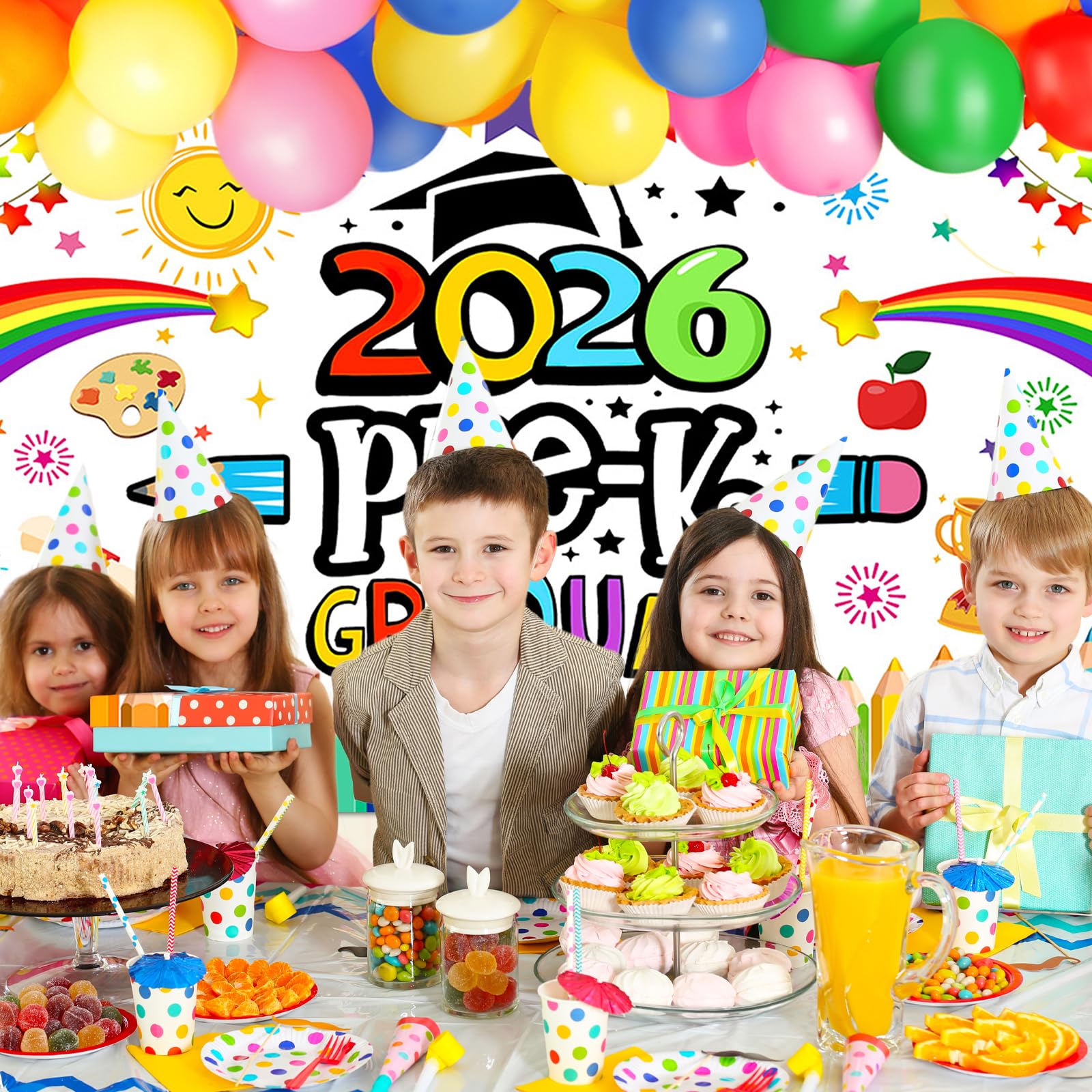 2026 Preschool Graduation Party Decor Kit - Backdrop, 180 Balloons, Banner & More for Pre-K Graduation