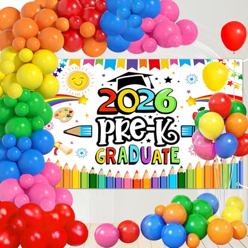 2026 Preschool Graduation Party Decor Kit - Backdrop, 180 Balloons, Banner & More for Pre-K Graduation