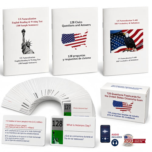 2026 US Citizenship Flash Cards – 128 Q&A, Audio, Bilingual English/Spanish, N-400 Vocab, Reading & Writing, Souvenir Pin