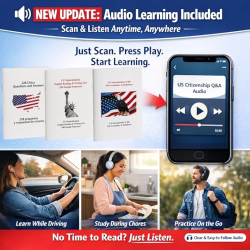 2026 US Citizenship Flash Cards – 128 Q&A, Audio, Bilingual English/Spanish, N-400 Vocab, Reading & Writing, Souvenir Pin