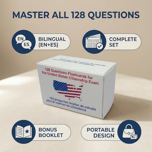 2026 US Citizenship Flash Cards – 128 Q&A, Audio, Bilingual English/Spanish, N-400 Vocab, Reading & Writing, Souvenir Pin