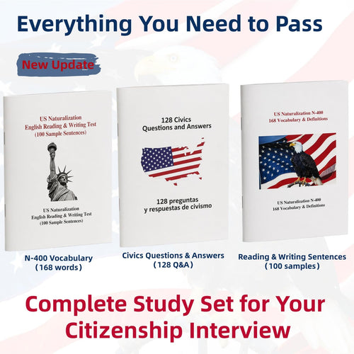 2026 US Citizenship Flash Cards – 128 Q&A, Audio, Bilingual English/Spanish, N-400 Vocab, Reading & Writing, Souvenir Pin