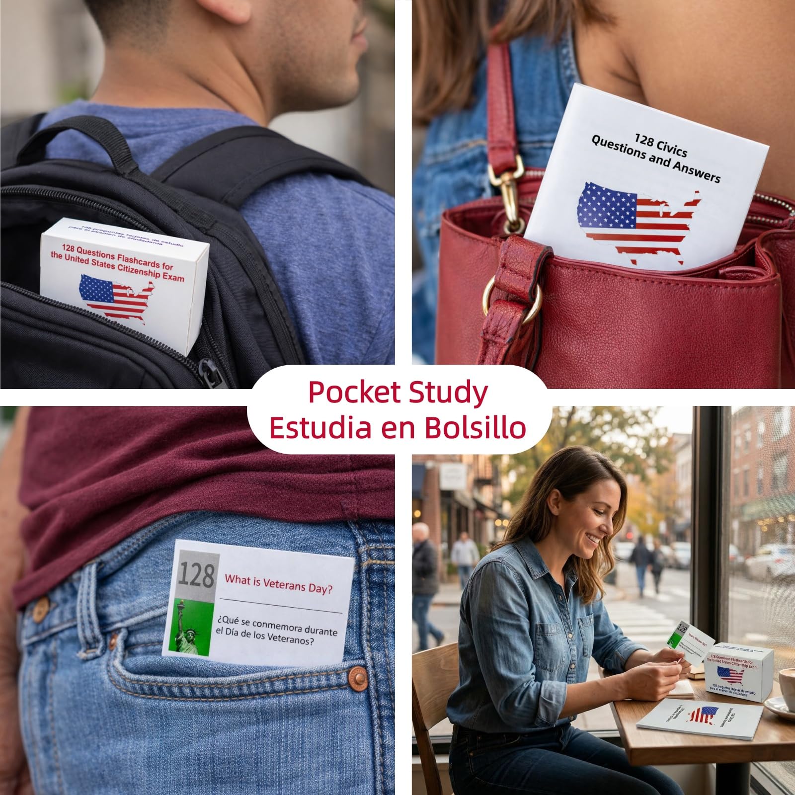 2026 US Citizenship Flash Cards – 128 Q&A, Audio, Bilingual English/Spanish, N-400 Vocab, Reading & Writing, Souvenir Pin