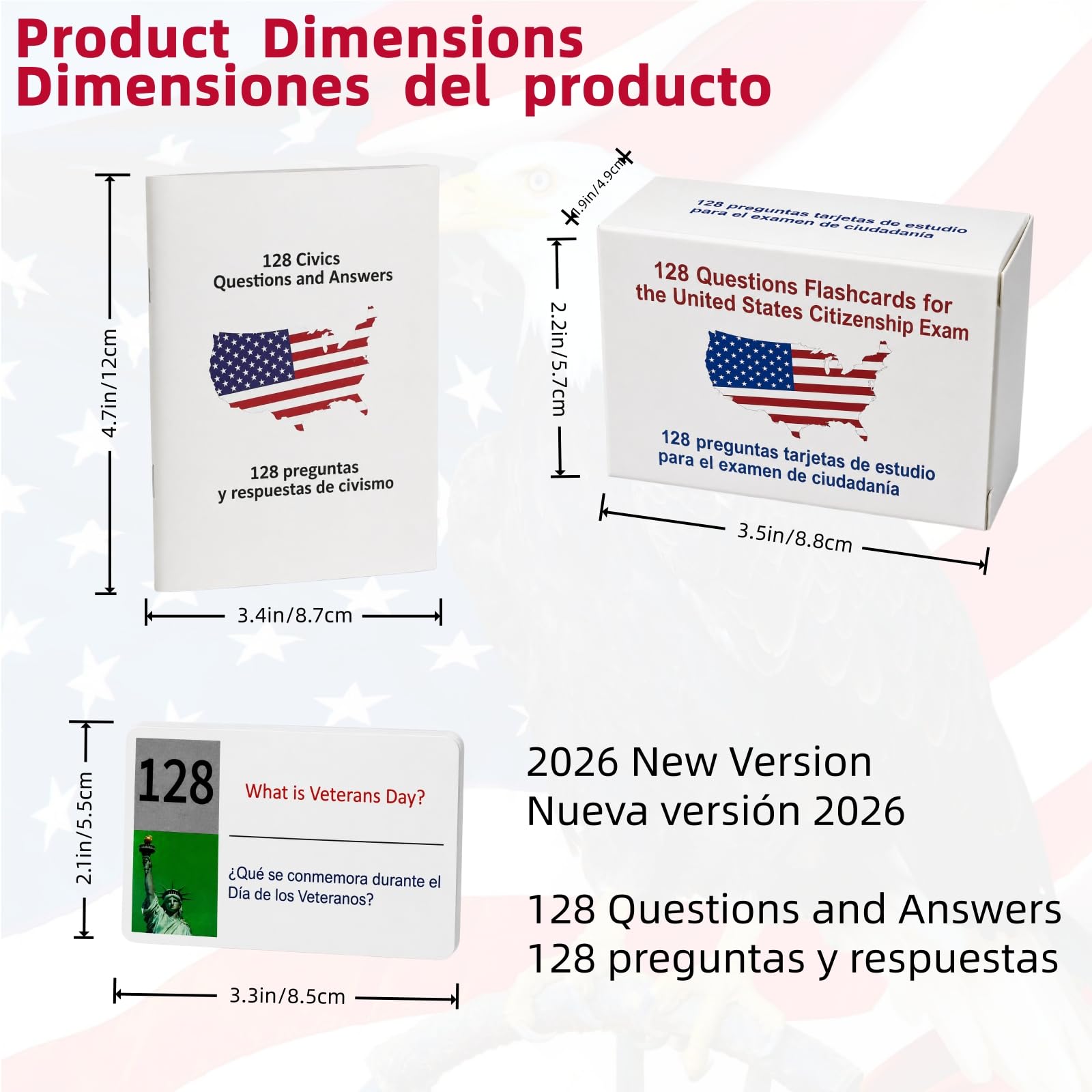 2026 US Citizenship Flash Cards – 128 Q&A, Audio, Bilingual English/Spanish, N-400 Vocab, Reading & Writing, Souvenir Pin