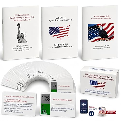 2026 US Citizenship Flash Cards – 128 Q&A, Audio, Bilingual English/Spanish, N-400 Vocab, Reading & Writing, Souvenir Pin