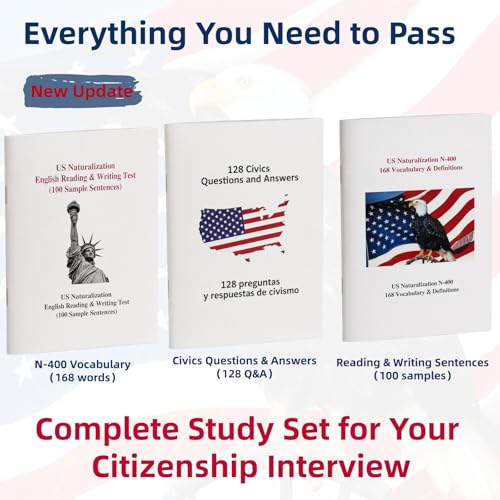 2026 US Citizenship Flash Cards – 128 Q&A, Audio, Bilingual English/Spanish, N-400 Vocab, Reading & Writing, Souvenir Pin