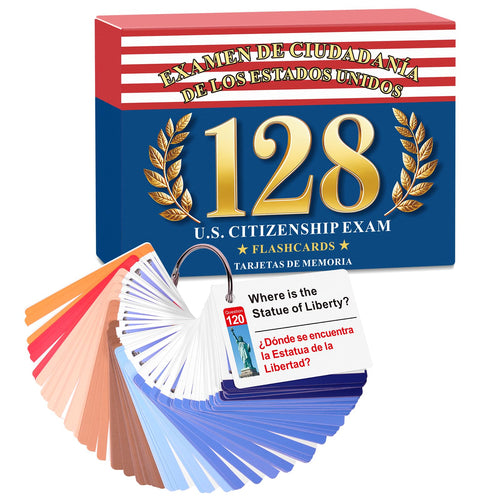 2026 US Citizenship Flash Cards: 128 USCIS Questions & Answers, English-Spanish Bilingual Set with Metal Ring