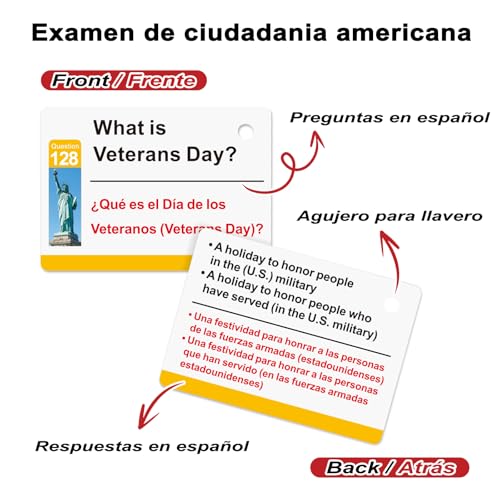 2026 US Citizenship Flash Cards: 128 USCIS Questions & Answers, English-Spanish Bilingual Set with Metal Ring